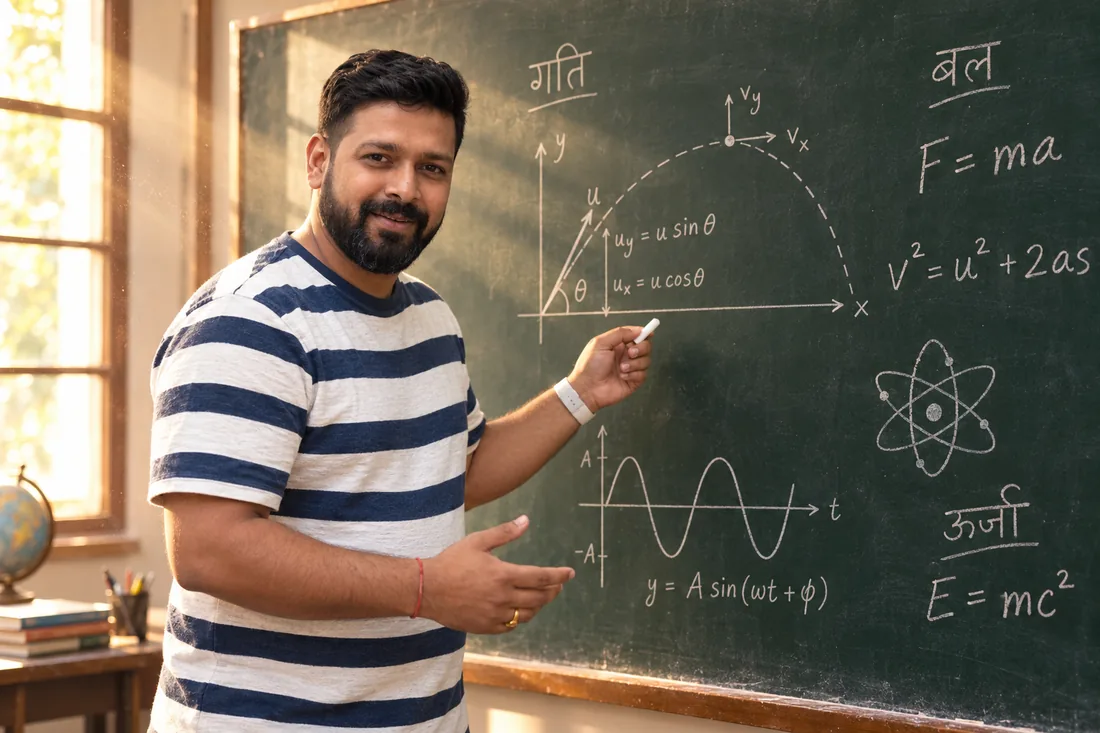 Mrinal at a chalkboard full of physics, in golden light
